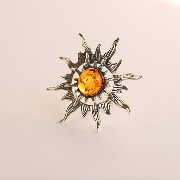 Baltic Amber Sun Ring in 925 Sterling Silver- Adjustable Size - Picture 3 of 9